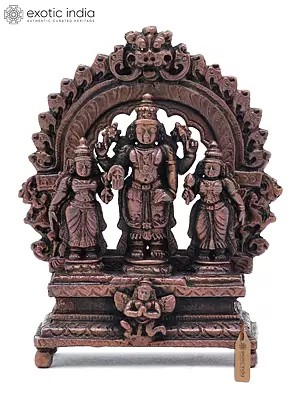 3" Small Lord Vishnu with Sridevi and Bhudevi on Kirtimukha Throne | Copper Statue | Made in India