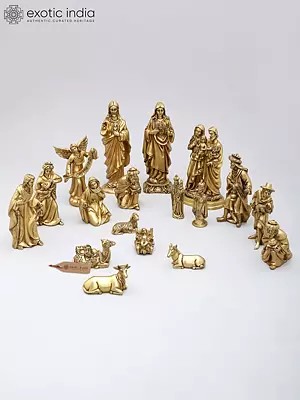 Small Handcrafted Brass Nativity Scene Set (Birth of Jesus Christ) | Complete Holy Family Set of 18 Statues