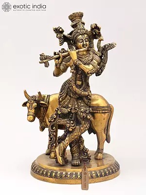 10" Gopala Lord Krishna, The Protector of Cows | Brass Statue