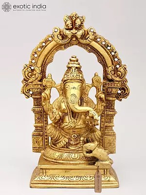 8" Chaturbhuja Lord Ganesha Seated on Kirtimukha Throne | Brass Statue