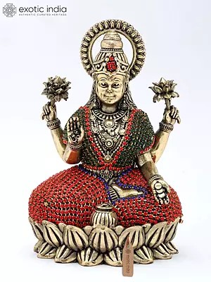 5" Small Four Armed Goddess Lakshmi Seated in Blessing Gesture | Copper Statue with Inlay Work