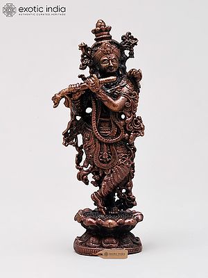 2" Small Lord Krishna Standing on Lotus Pedestal and Playing Flute | Handmade | Copper Statue