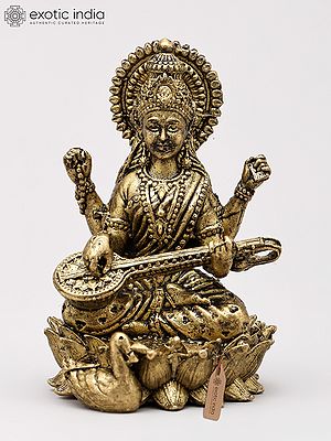 Small Goddess Saraswati Seated on Lotus with Veena | Copper Statue | Made in India