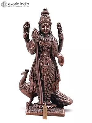 Small Standing Lord Murugan (Kartikeya) with Mayur and Vel | Handmade | Copper Statue