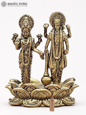 Small Lord Vishnu and Goddess Lakshmi Standing on Lotus (Lakshmi-Narayan) | Copper Statue | Made in India