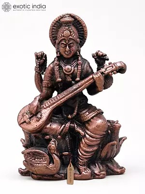 2" Small Chaturbhuj Goddess Saraswati with Sitar | Copper Statue | Made in India