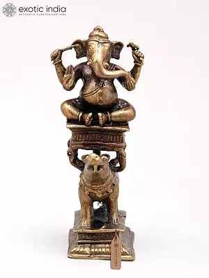 4" Small Lord Ganesha Seated on Mushak - Symbol of Strength and Wisdom