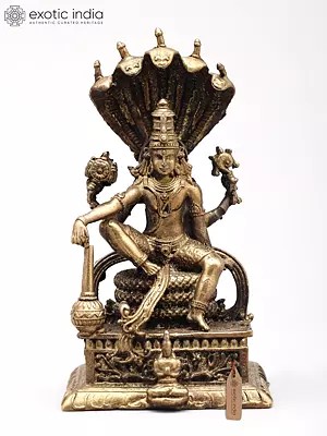 3" Small Four Armed Lord Vishnu Seated on Sheshnag Throne | Handmade | Copper Statue