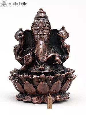 Small Idol of Lord Ganapati Seated in Lotus Flower | Copper Statue | Made in India