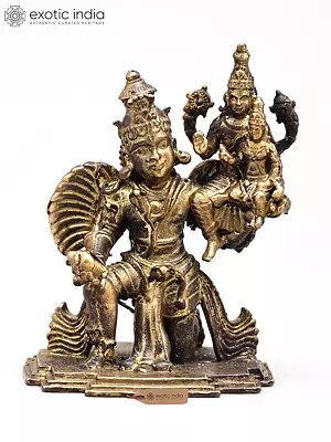 2" Small Garuda Dev Lifting Lord Vishnu and Goddess Lakshmi on Shoulder | Copper Statue | Made in India