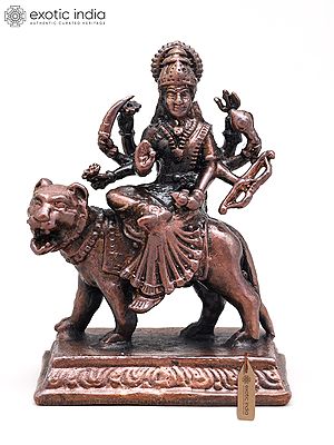 2" Small Goddess Durga Seated on Roaring Lion | Copper Statue | Made in India