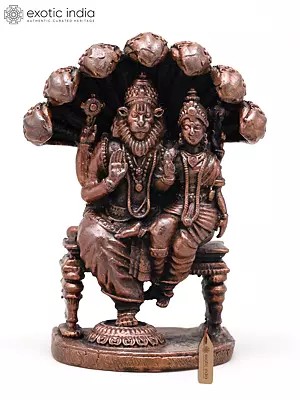 2" Lord Narasimha with Goddess Lakshmi Seated on Sheshnag Throne | Copper Statue | Made in India