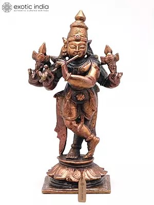 4" Four Armed Lord Venugopala (Krishna) with Flute | Copper Statue | Made in India