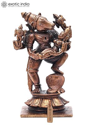 4" Small Four Armed Lord Varaha (Vishnu) with Goddess Lakshmi | Copper Statue | Made in India