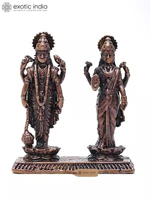 2" Small Four Armed Lakshmi and Narayan Standing on Lotus | Handmade | Copper Statue