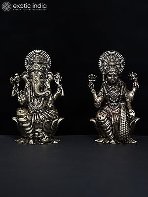 2" Small Superfine Pair of Ganesha Lakshmi Brass Statues