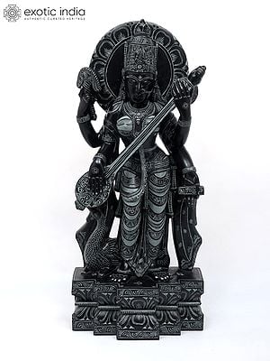 32" Large Standing Goddess Saraswati Playing Veena | Sand Stone Statue from the land of Lord Jagannath, Orissa