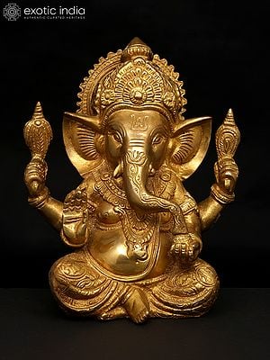 9" Chaturbhuja Blessing Lord Ganesha | Brass Statue