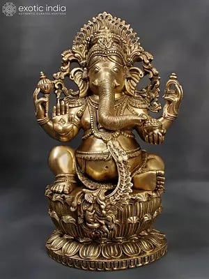 26" Four Armed Lord Ganesha With Attractive Carving | Brass Statue For Temple