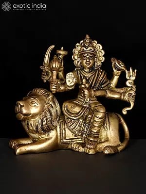 4" Small Goddess Durga Seated on Lion | Brass Statue