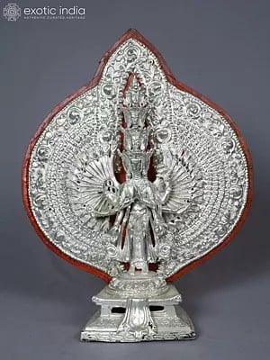 11" Brass And Silver Plated Standing Lokeshvara With Many Hands And Faces | Statue From Nepal