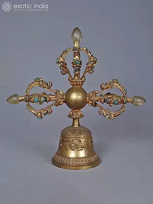 10" Handcrafted Double Dorje Bell In Copper And Gold Plated With Turquoise Coral And Lapis