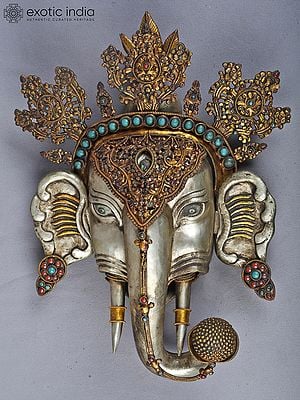 17" Wall Hanging Tibetan Ganesha Head For Home In Copper Gold And Silver Plated