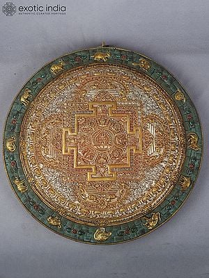 15" Copper Gold And Silver Plated Buddhist Round Mandala With Beautiful Carving