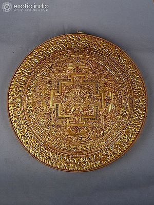 14" Buddhist Mandala With Ashtamangala Symbols For Wall Hanging In Copper Gold And Silver Plated