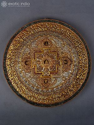 12" Mandala Of Lord Buddha With Ashtamangala Symbols In Copper Gold And Silver Plated