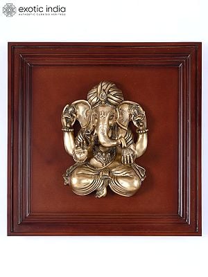 24" Turbaned Blessing Lord Ganesha | Wood Framed Brass Sculpture | Wall Hanging