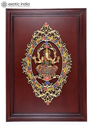 42" Large Wood Framed Brass Lord Ganesha with Inlay Work | Wall Hanging