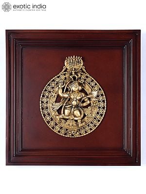 19" Wood Framed Brass Lord Hanuman | Wall Hanging