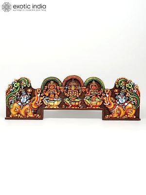 54" Large Lakshmi Ganesha Saraswati Colorful Wall Panel | Wood Carving