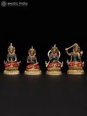 4" Small Set of Four Buddhist Deities | Brass Statues with Inlay Work