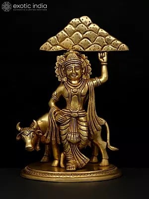 12" Lord Krishna Holding Govardhan Parvat on his Little Finger | Brass Statue