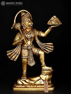 10" Standing Lord Hanuman Holding Mountain of Sanjivani Herbs | Brass Statue