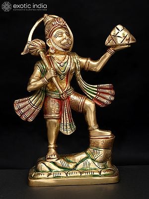 10" Standing Lord Hanuman Holding Mountain of Sanjivani Herbs | Brass Statue