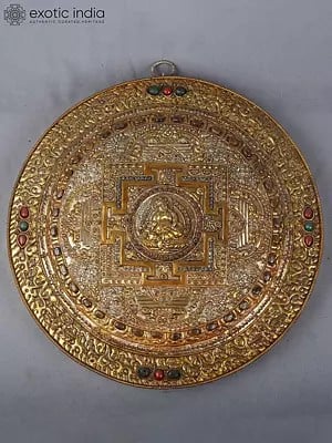 14" Copper Gold And Silver Plated Seated Kubera In The Center Of Mandala | Ritual Item