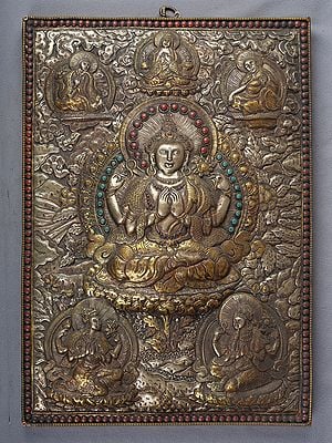 16" Bodhisattva Chenrezig Wall Hanging From Nepal In Copper Gold And Silver Plated