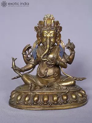 6" Seated Lord Ganesha With Holding Modak In Copper Gold Plated Statue