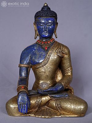 9" Copper Gold Plated And Lapis Medicine Buddha In Bhumisparsha Gesture Statue | Handmade