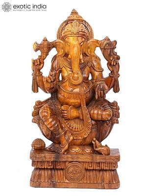 34" Large Four Armed Sitting Lord Ganesha | Wood Carving