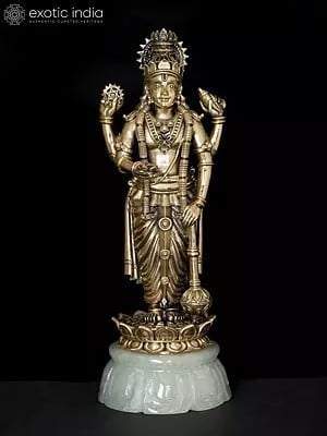 7" Superfine Brass Lord Vishnu Standing on Green Aventurine Gemstone Base