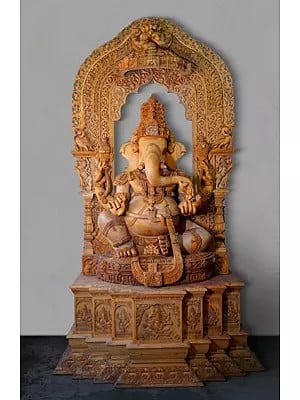 126" Super Large Chaturbhuja Lord Ganesha Seated on Kirtimukha Throne | Wood Carved Statue | Shipped by Sea