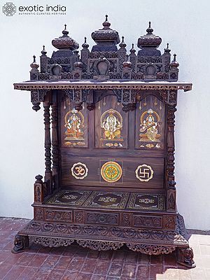 98" Huge Designer Puja Temple in Rosewood with Lakshmi Ganesha Saraswati Inlay