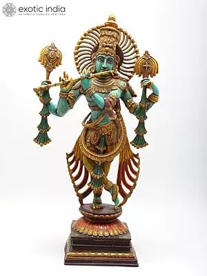 31" Large Brass Colorful Standing Lord Venugopal (Krishna) Playing Flute