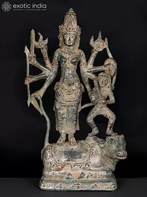 13" Goddess Bathari Durga with Bhairava Standing on Nandi In Brass | Handmade | Made In India