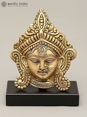 8" Devi Durga Face on Wooden Stand In Brass | Handmade | Made In India