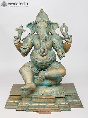 Majestic Bronze Sculpture of Lord Ganesha on Lotus, 36" Height